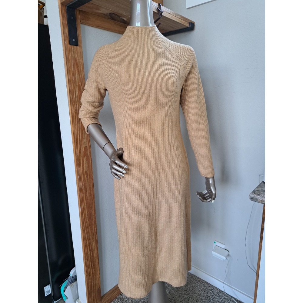 Talbots Petite Ribbed Knit Sweater Dress Camel Tan Gold Button Back Mock Neck MP